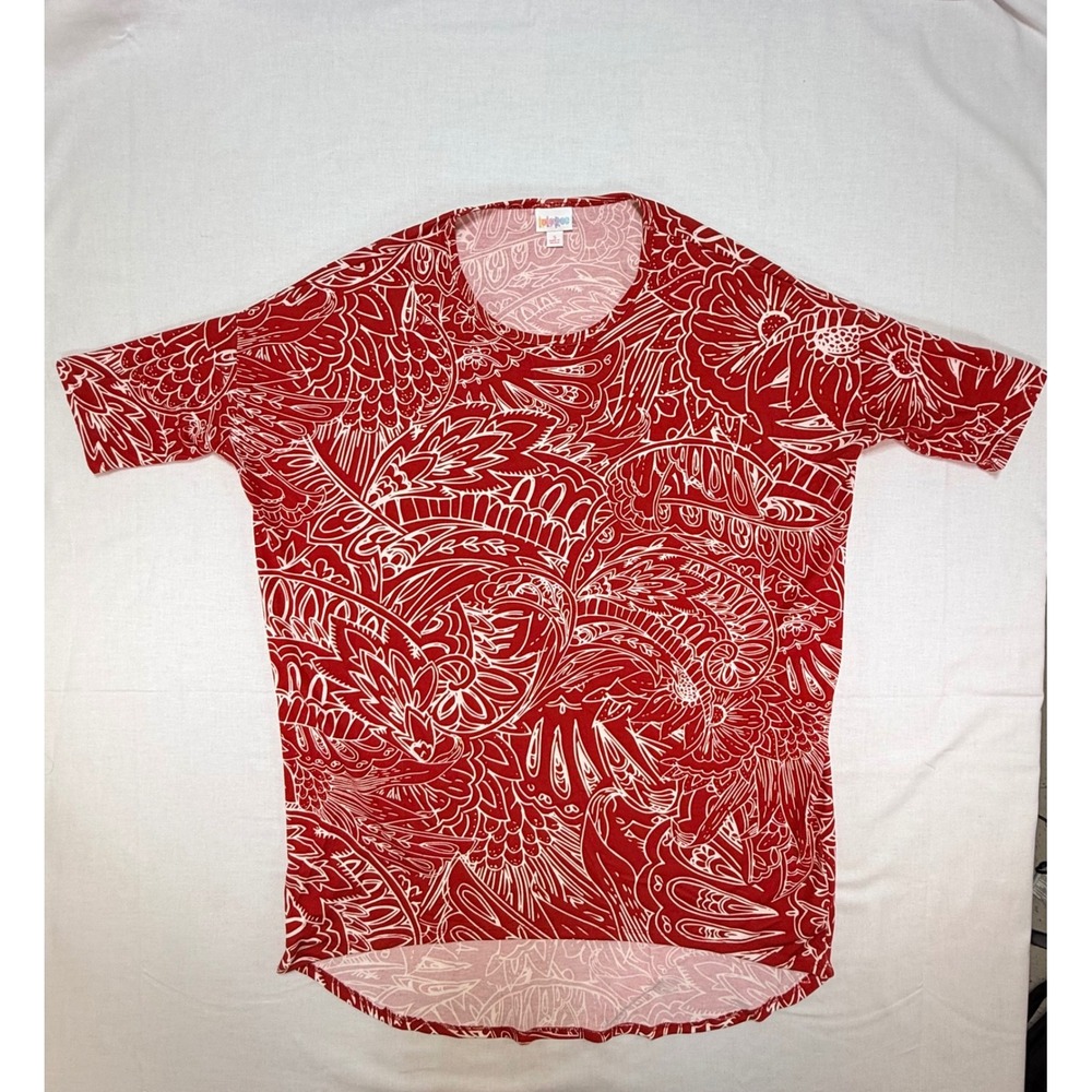 LuLaRoe Irma Tunic Top Womens Red White Paisley‎ Floral High Low Short Sleeve S